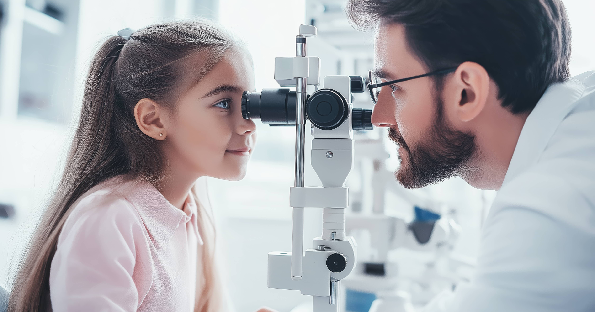 An optometrist examines a young girl's eyes at the Myopia ReVision Program in Cincinnati, OH.